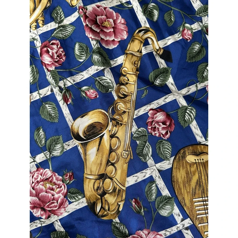 1980s Boston Museum of Fine Arts MFA Musical Instruments Floral Silk Scarf 34x34